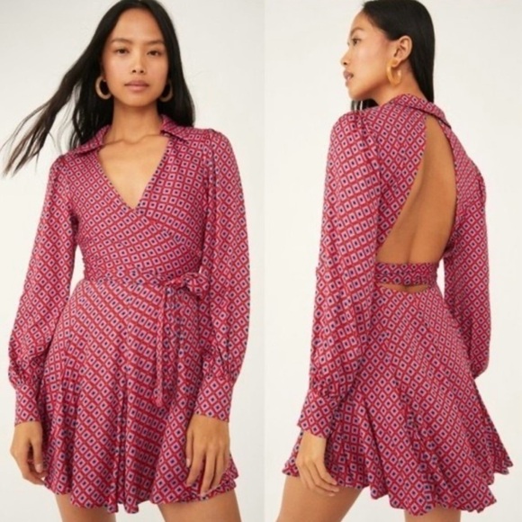 Free People It Takes Two Pop Long Sleeve Open Back Mini Wrap Mini Dress Size XS - Picture 2 of 13